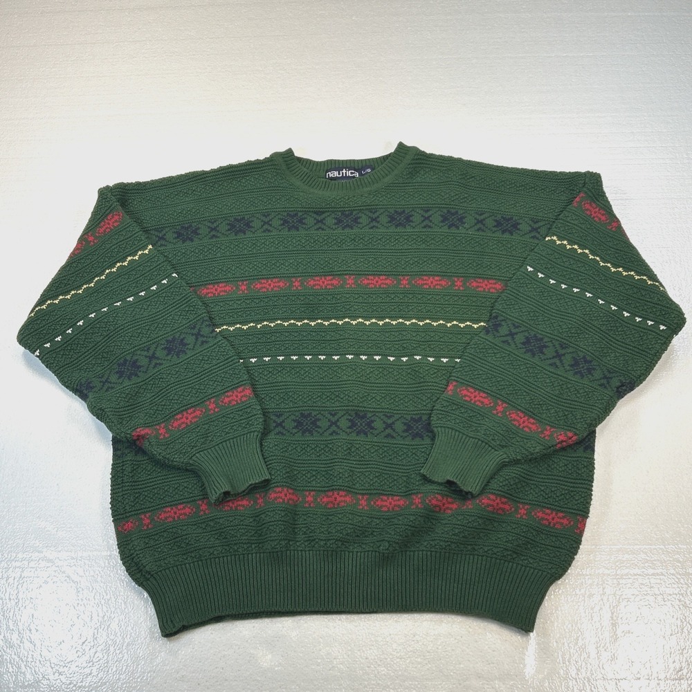 Nautica Sweater Men's Large L Green Cotton 3D Textured Fair Isle Cosby Vintage